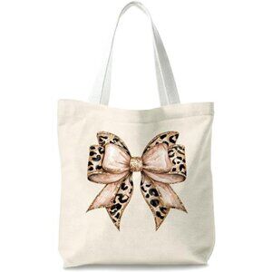 Reusable Canvas Shoulder Bag with Leopard Bow Graphic Design